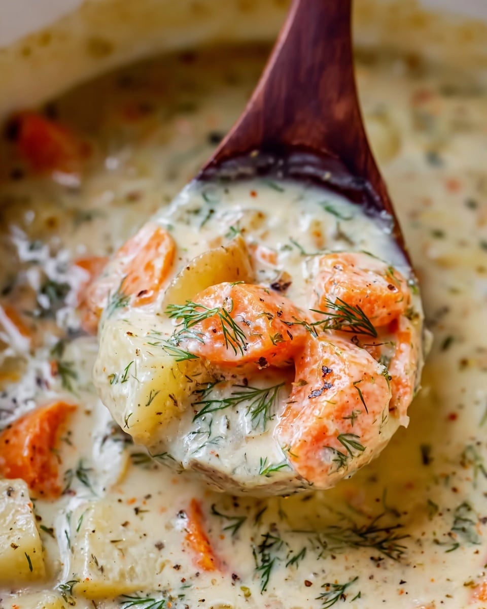 A close-up view of a creamy soup with chunks of orange carrots and white potatoes mixed in a thick light beige broth. The soup is speckled with fresh green dill and black pepper, creating small colorful details throughout. A wooden spoon with a smooth, dark brown handle is lifting a scoop of the soup, showing the textured vegetables inside. The background is a white marbled texture, adding softness and brightness to the image. Photo taken with an iphone --ar 4:5 --v 7