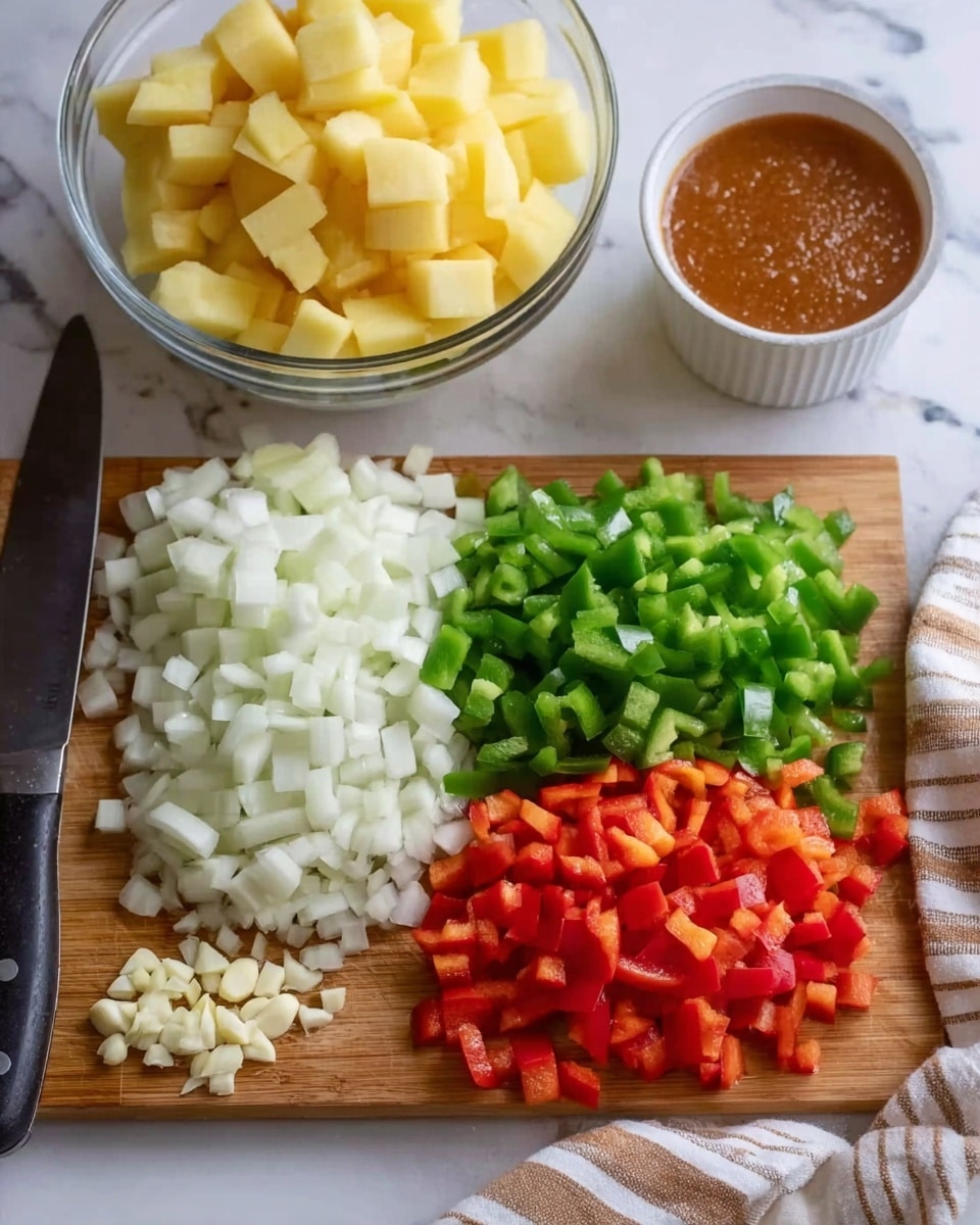 The image shows a white marbled surface with a wooden board on top holding neatly chopped vegetables arranged in rows: white onions on the left, green bell peppers in the middle, and red bell peppers on the right. In front of the vegetables, finely chopped garlic is placed at the bottom left corner of the board. A large knife with a black handle rests horizontally across the board just above the vegetables. Behind the board are two clear glass bowls filled with evenly diced yellow potatoes and a small white bowl with a reddish-brown thick sauce. A white and beige striped cloth is folded and placed near the right edge. Photo taken with an iphone --ar 4:5 --v 7