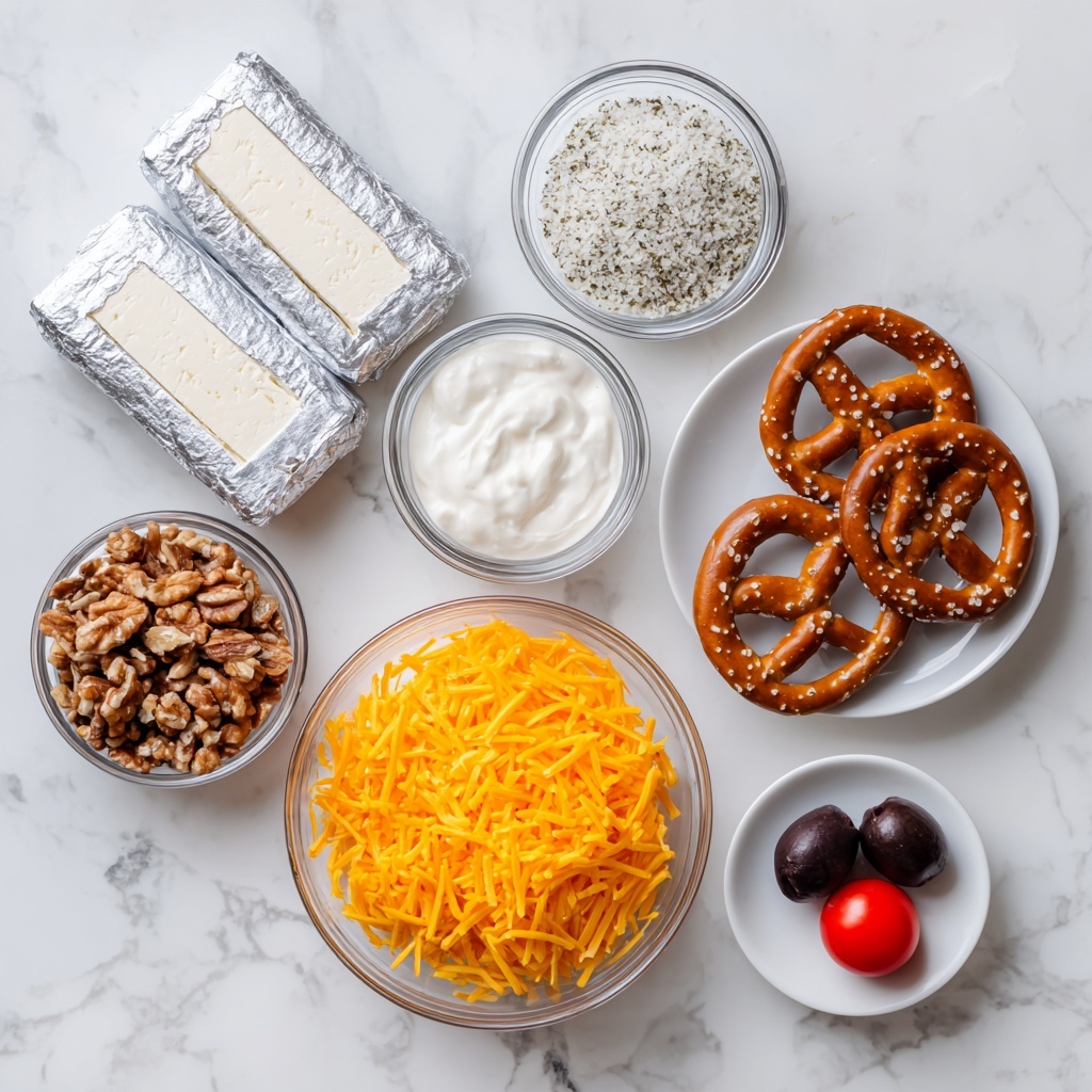 The image shows several ingredients arranged neatly on a white marbled surface. At the top left are two wrapped blocks of cream cheese with silver packaging. To the right of those are two small clear glass bowls, one filled with white cream and the other with a white powder mixed with herbs. Below the cream cheese blocks is a clear glass bowl full of shredded bright orange cheddar cheese. To the right of the cheese are two brown pretzels with visible salt crystals on them. At the bottom left is a clear glass bowl filled with chopped brown nuts. Finally, at the bottom right is a small white plate with two black olives and one small red cherry tomato arranged like a face. Photo taken with an iphone --ar 4:5 --v 7