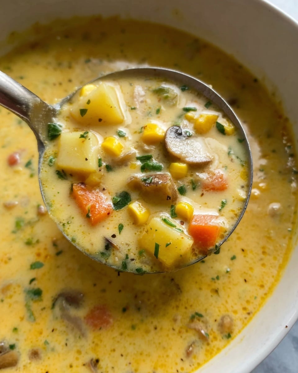 A close-up image of a silver ladle filled with creamy yellow soup, showing visible small cubes of light yellow potatoes, bright yellow corn kernels, small orange carrot pieces, and chunks of light brown mushrooms, all mixed with finely chopped green herbs floating throughout. The soup has a smooth, slightly thick texture with tiny specks of seasoning. The background is a white marbled texture with the soup filling a large white bowl beneath. Photo taken with an iphone --ar 4:5 --v 7