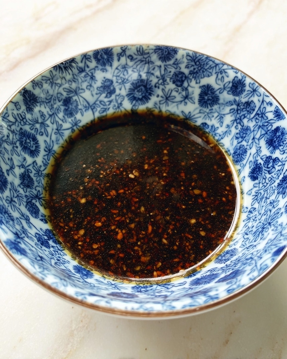 A blue and white bowl with flower patterns holds a dark brown sauce that has small bits floating in it. The bowl sits on a white marbled surface. The sauce has a shiny and smooth texture with tiny pieces giving it a slightly chunky look. photo taken with an iphone --ar 4:5 --v 7
