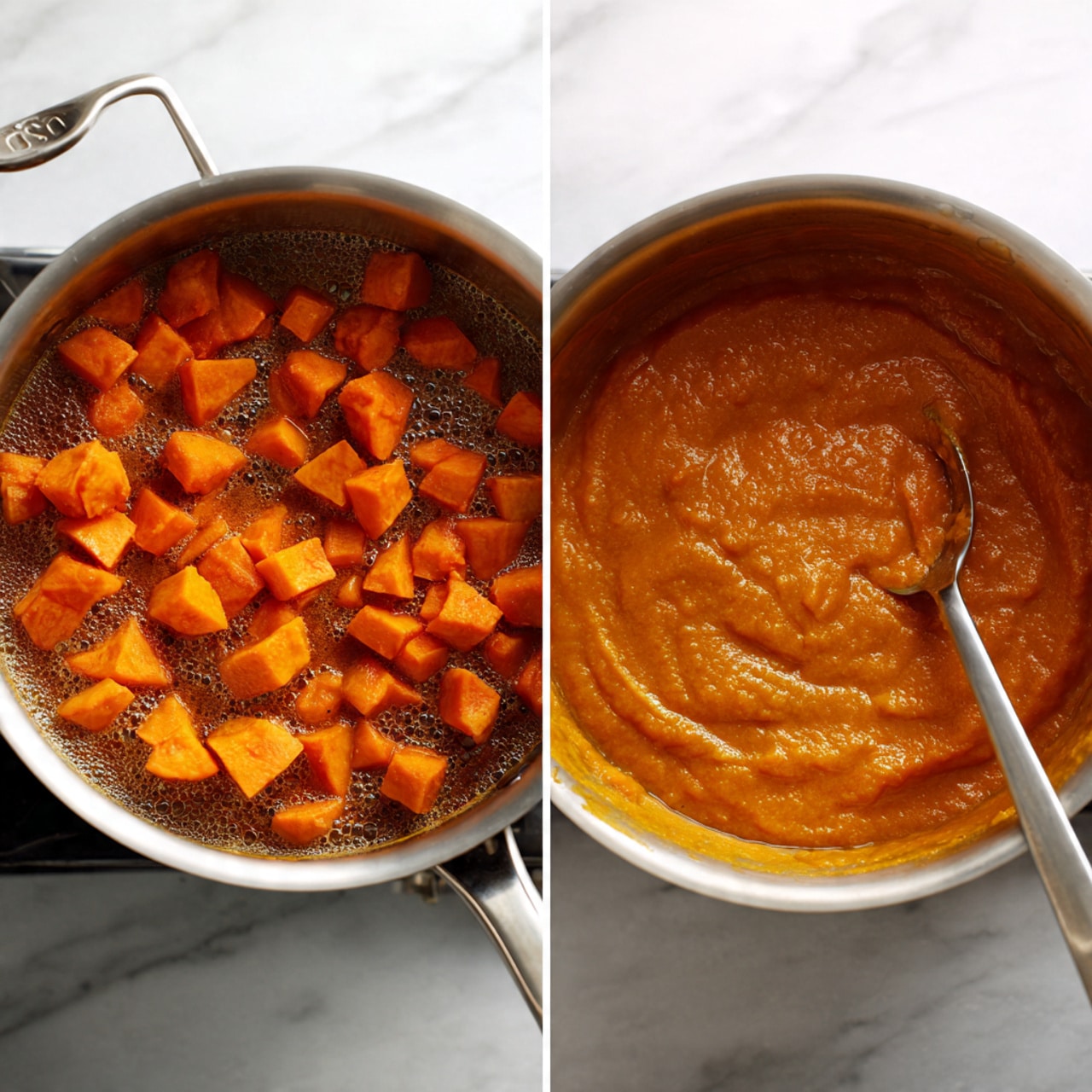The image shows two side-by-side photos of a pot on a stove. The left side has a metal pot filled with chunky orange pieces, likely sweet potatoes, cooking in a brownish broth with bubbles on the surface. The right side shows the same pot with the contents blended into a smooth, thick orange puree with a spoon resting inside. The lighting highlights the texture changes from chunky to creamy. The background is a white marbled surface. photo taken with an iphone --ar 4:5 --v 7
