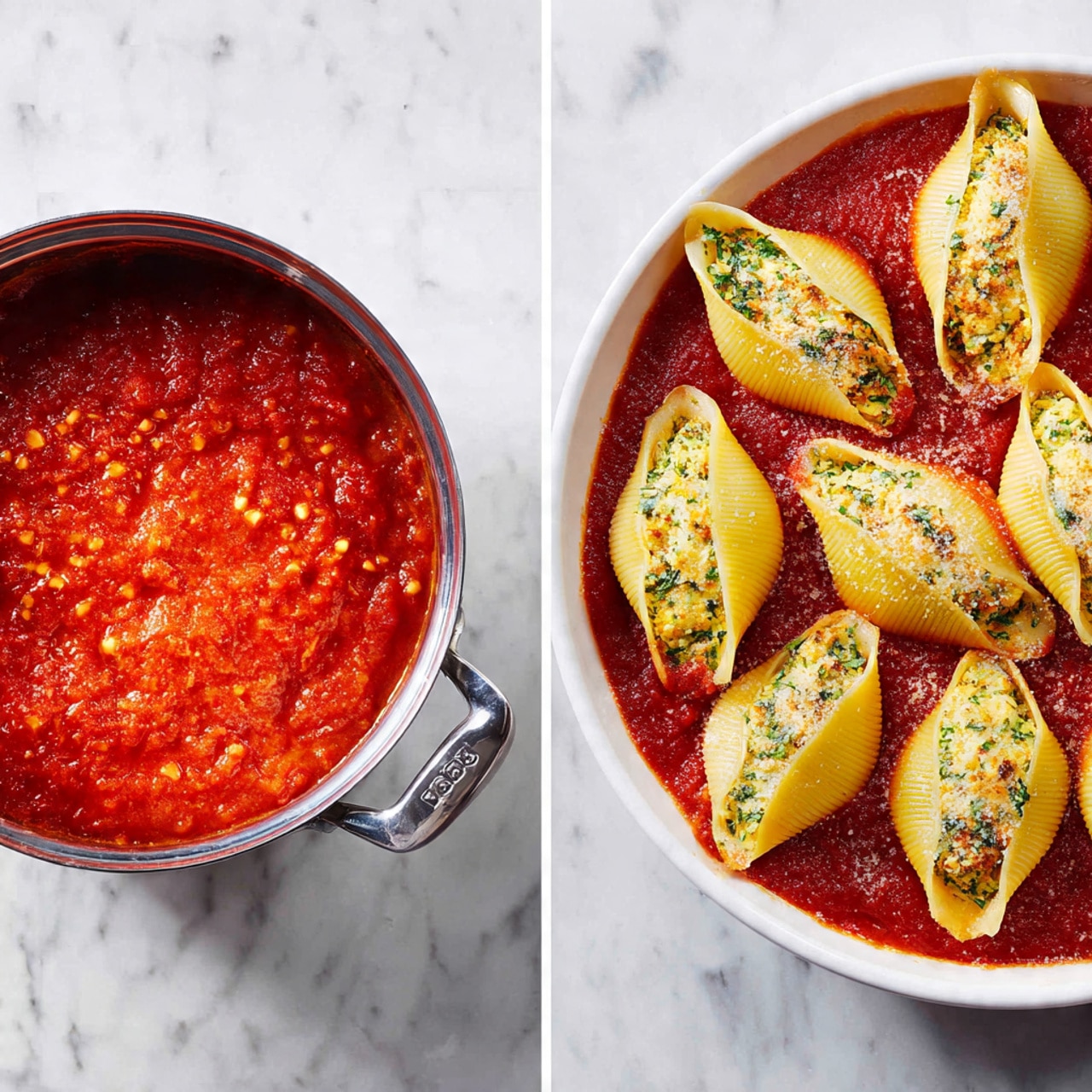 The image shows two side-by-side photos. On the left, a close-up of a silver pot filled with smooth red tomato sauce with small bits, sitting on a white marbled surface. On the right, a white skillet with a layer of red tomato sauce at the bottom, topped with 13 large pasta shells arranged in a circle, each shell stuffed with a yellowish filling mixed with green herbs, and lightly browned on top. The background is a white marbled texture. Photo taken with an iphone --ar 4:5 --v 7