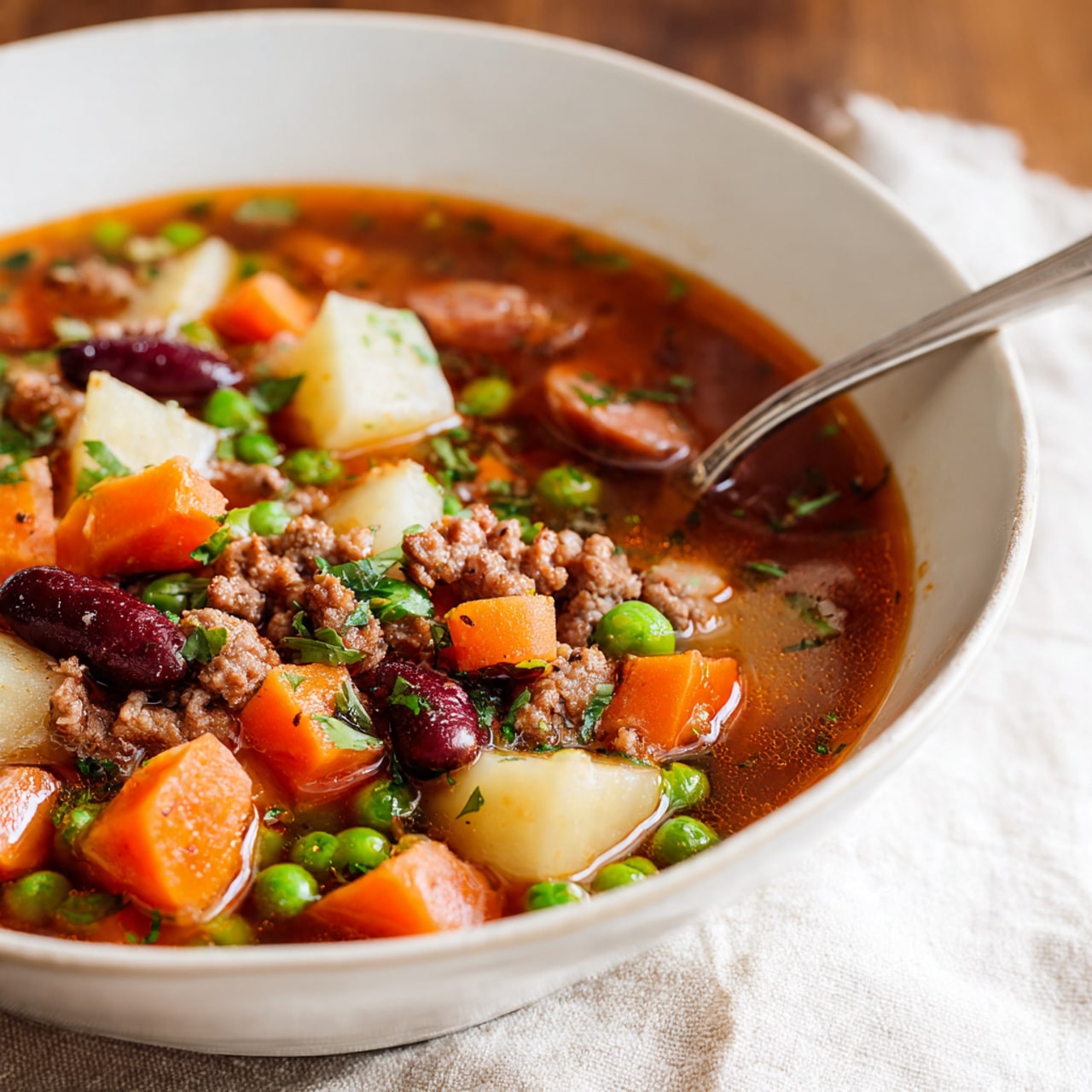 A deep white bowl filled with chunky vegetable soup that shows at least four layers: the base layer is a rich brownish-red broth, filled with diced orange carrots, green peas, creamy white potato cubes, and dark red kidney beans. Mixed in are browned small bits of ground meat and slices of round sausage with a reddish-brown color. The top layer is sprinkled with green chopped herbs, adding a fresh touch. The soup has a shiny, slightly thick liquid, with a silver spoon resting inside the bowl. The bowl sits on a wooden table with a soft textured off-white cloth in the background, and the photo taken with an iphone --ar 4:5 --v 7