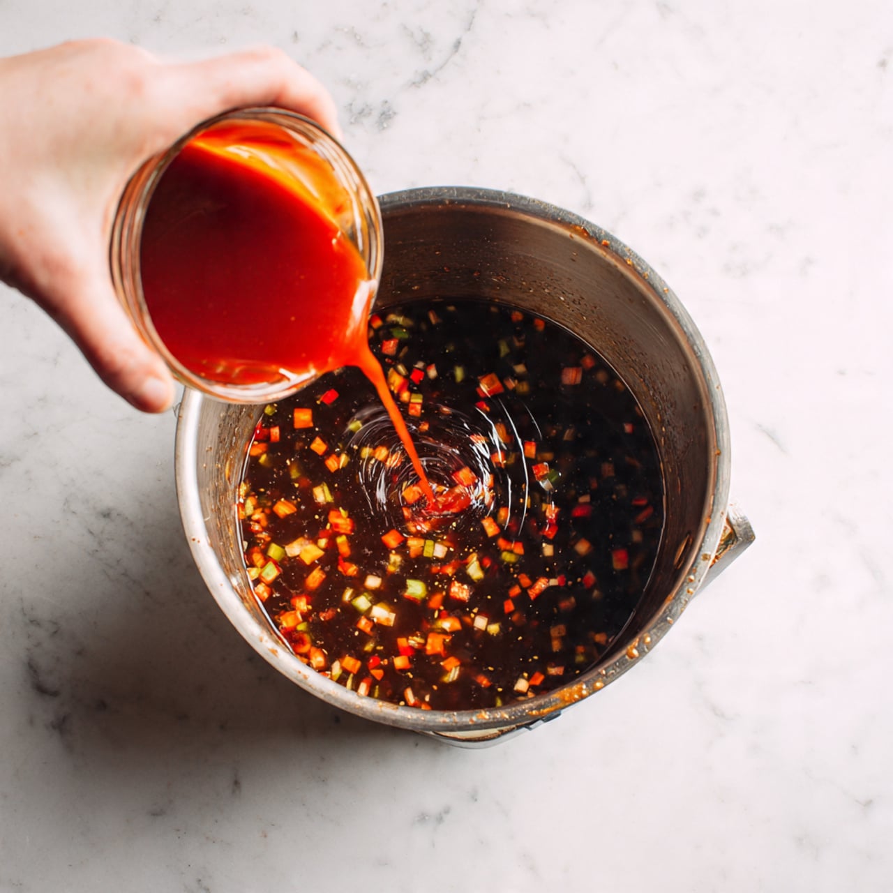 The image shows a metal pot with a dark brown broth filled with small, diced red and orange vegetables floating inside. Bright red sauce is being poured into the pot from a container held by a woman's hand on the left side of the frame. The sauce creates a swirling pattern on the surface of the broth as it mixes in. The pot has some food stains near the rim, sitting on a white marbled textured surface. Photo taken with an iphone --ar 4:5 --v 7