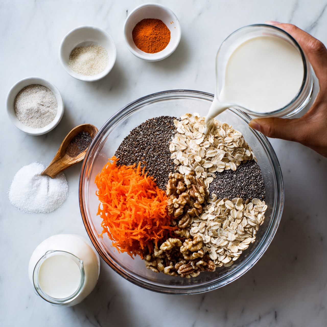 The image shows a clear glass bowl on a white marbled surface filled with separate piles of grated orange carrots, dark chia seeds, light brown rolled oats, and white creamy yogurt. Around the bowl are small white dishes with white salt, brown cinnamon powder, an orange liquid, and chopped nuts. Nearby are a small pile of white powder and a clear container of white milk. In the second photo, a woman's hand is pouring white milk into the bowl, mixing with the yogurt and other ingredients, all arranged neatly on the white marbled background. photo taken with an iphone --ar 4:5 --v 7