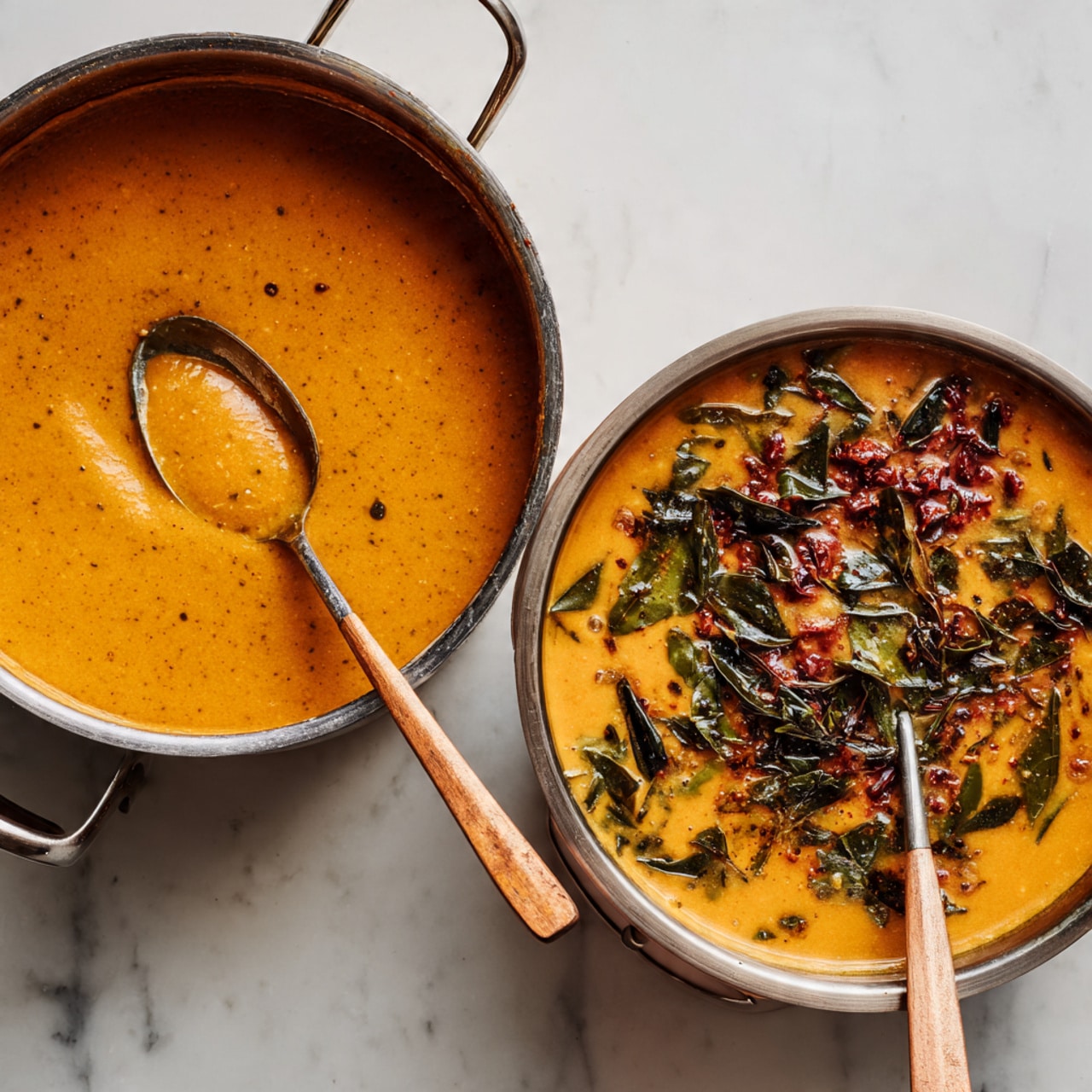 The image shows two metal pots filled with a smooth, thick orange soup. The first pot on the left has a spoon resting in the soup, which has a creamy texture and bright orange color. The second pot on the right has a similar orange soup with dried green and dark brown leaves scattered on the top, along with a few small red pieces mixed in, and a spoon placed inside the soup. Both pots sit on a white marbled surface. photo taken with an iphone --ar 4:5 --v 7