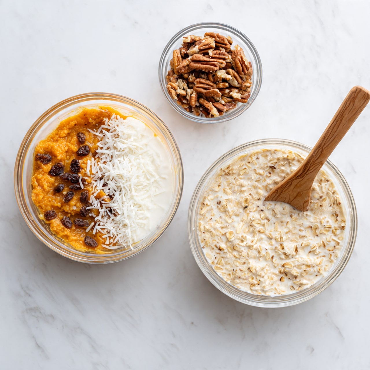 The image shows two clear glass bowls with ingredients on a white marbled surface. The left bowl contains separate layers: an orange layer of pumpkin puree at the bottom, a white layer of yogurt on the right side, and small brown raisins and white shredded coconut scattered on top. A small glass bowl next to it holds chopped pecans. The right bowl shows the mixture blended together into a creamy light beige oatmeal texture with visible small oats, and a wooden spoon rests inside it. Photo taken with an iphone --ar 4:5 --v 7