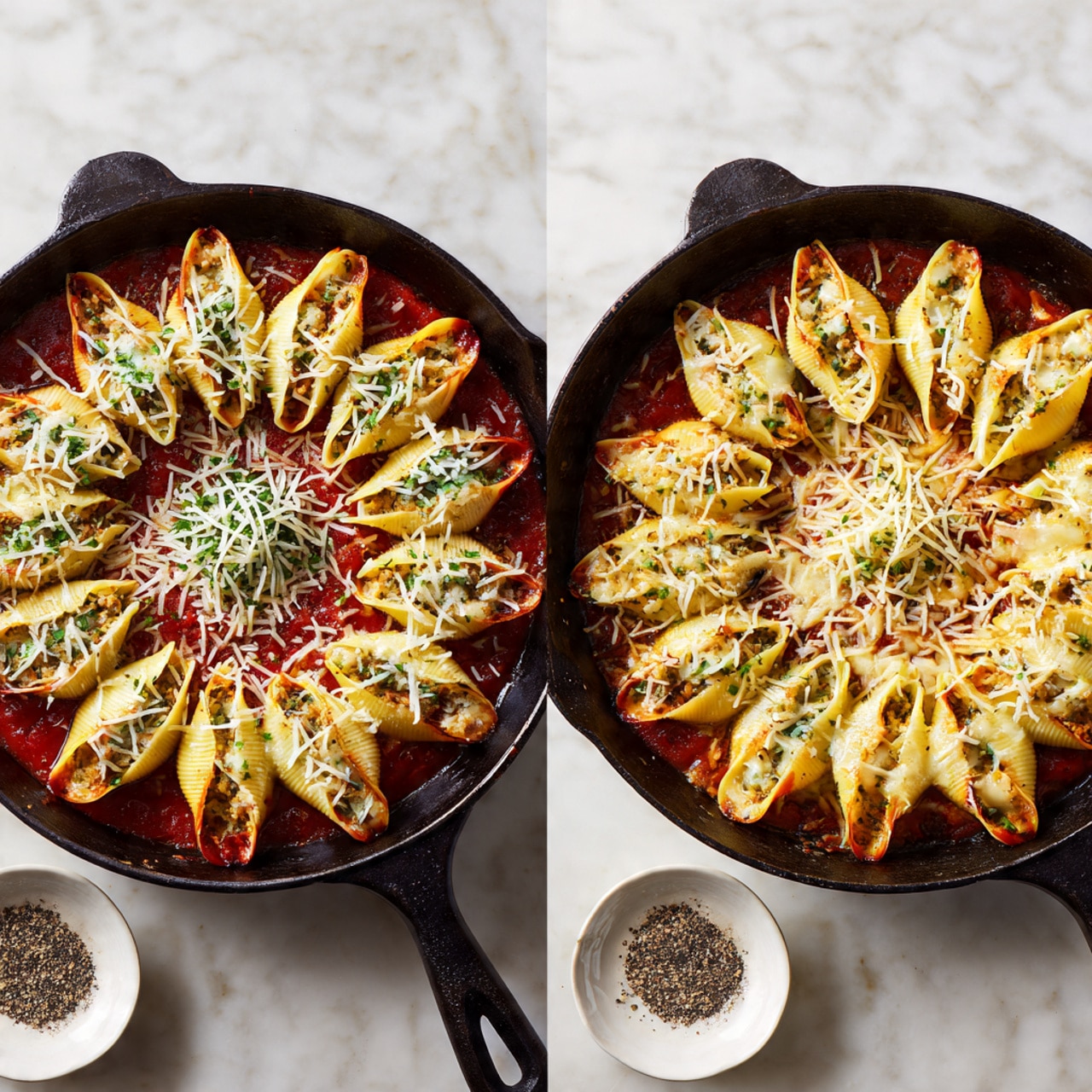 The image shows two cast iron skillets on a white marbled surface. The left skillet contains stuffed pasta shells arranged in a circular pattern over a layer of red sauce, topped with shredded white cheese and sprinkled with green herbs in the center. The right skillet shows the same pasta shells baked, with the cheese melted and golden brown, slightly browned around the edges, with herbs sprinkled on top. A small white bowl with pepper is below the right skillet. Photo taken with an iphone --ar 4:5 --v 7