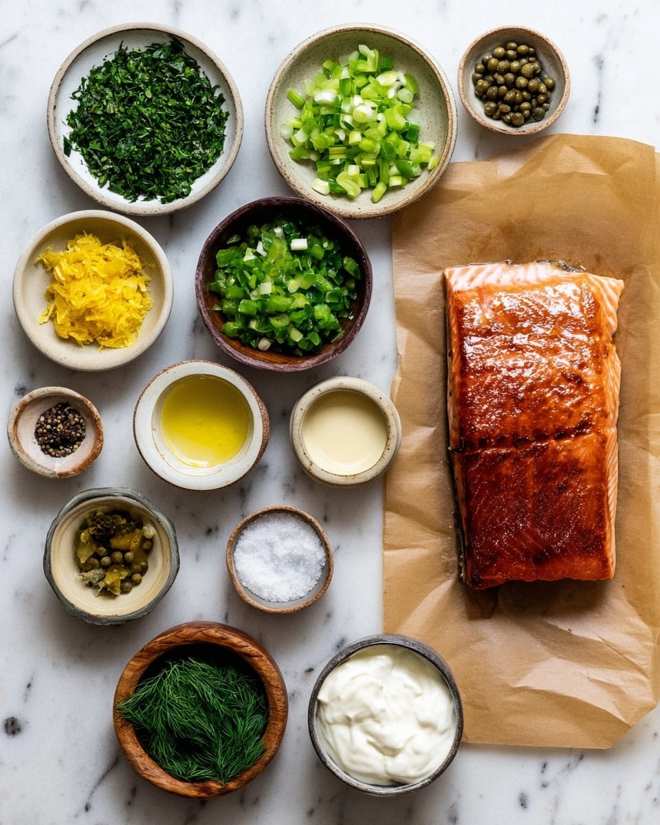 A large piece of cooked salmon with a shiny, browned surface sits on the right side on brown parchment paper. Surrounding it are 12 small bowls arranged neatly on a white marbled surface. The bowls contain different ingredients: one has green chopped celery, another contains finely chopped shallots, one is filled with dark green chopped parsley, another holds yellow lemon zest, and there’s a bowl with green chopped chives. There are also bowls with whole capers, coarse salt, creamy white sauce, thick light tan sauce, light yellow melted butter, fresh dill, and plain white sour cream. Each bowl is of different size and texture, mostly ceramic and wood, all placed in a tidy, organized layout. photo taken with an iphone --ar 4:5 --v 7