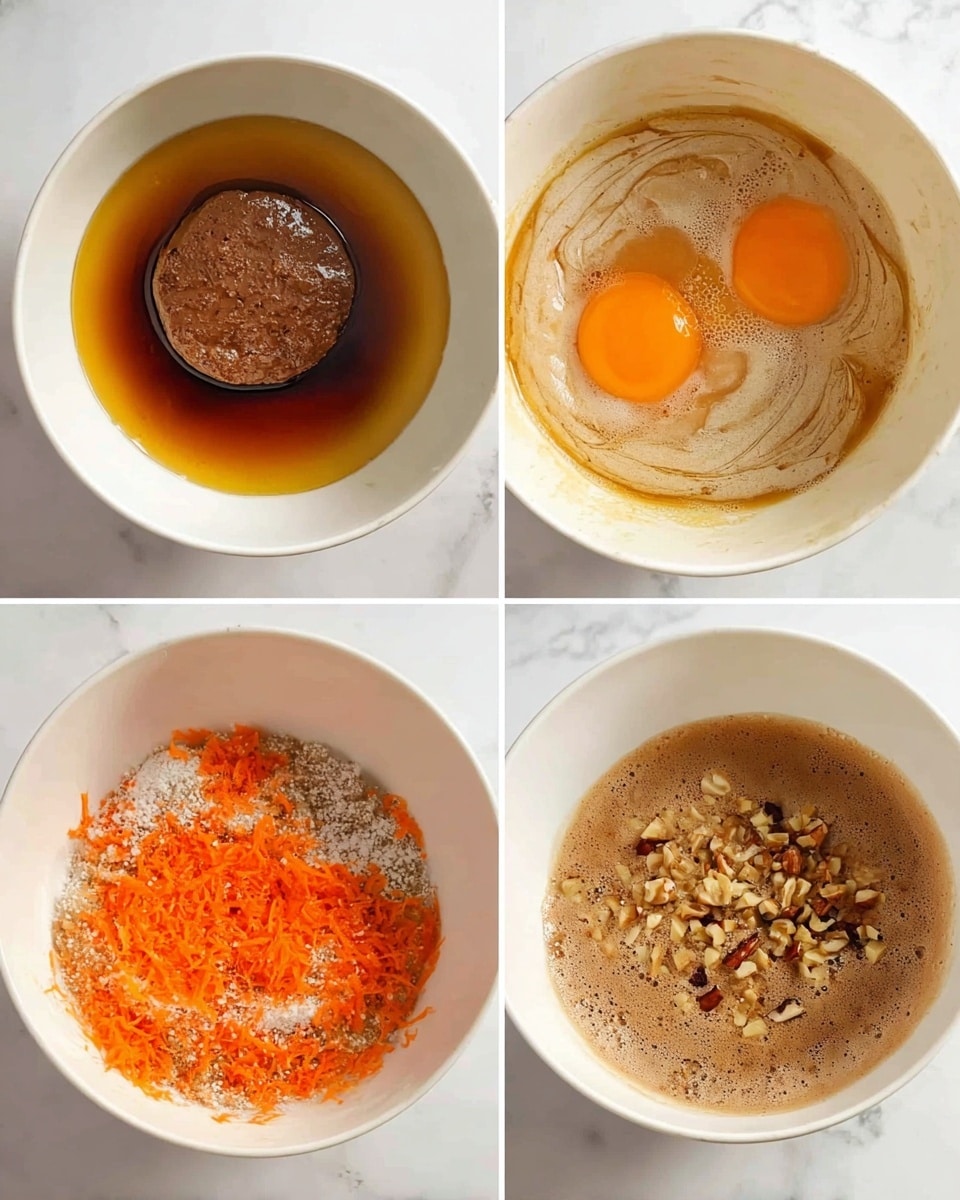 The image shows a collage of four photos, each inside a white bowl on a white marbled surface. The first photo has a round, dark brown solid piece sitting in golden melted butter with a small pool of dark syrup around it, showing a smooth texture. The second photo shows an orange egg yolk being mixed with light brown liquid, creating swirling patterns of frothy bubbles. The third photo has a layer of light beige flour dusted over a thick brown batter with a smooth surface with cracks. The last photo shows the batter mixed with bright orange grated carrot and small chopped brown nuts scattered on top, adding rough texture and color contrast. photo taken with an iphone --ar 4:5 --v 7