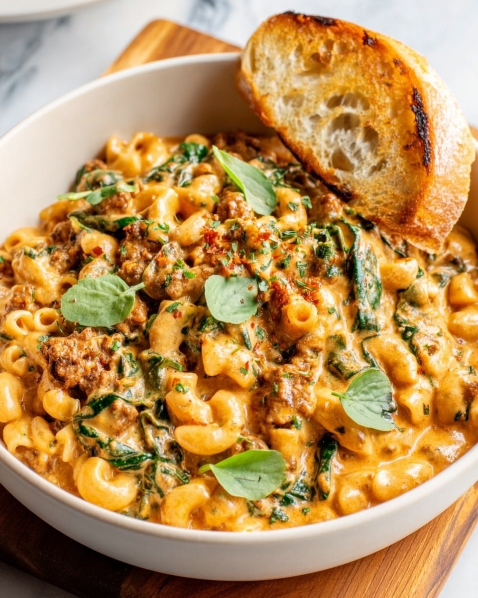 A white bowl filled with three layers of food sits on a wooden board over a white marbled surface. The bottom layer is elbow macaroni covered with a thick, creamy orange sauce mixed with wilted greens and browned meat pieces speckled throughout the dish. Scattered on top are fresh green herb leaves adding color contrast, and a toasted baguette slice leans against the side of the bowl, partially dipped into the mixture. The dish looks rich and hearty, with visible texture from the sauce coating the pasta and meat pieces. Photo taken with an iphone --ar 4:5 --v 7