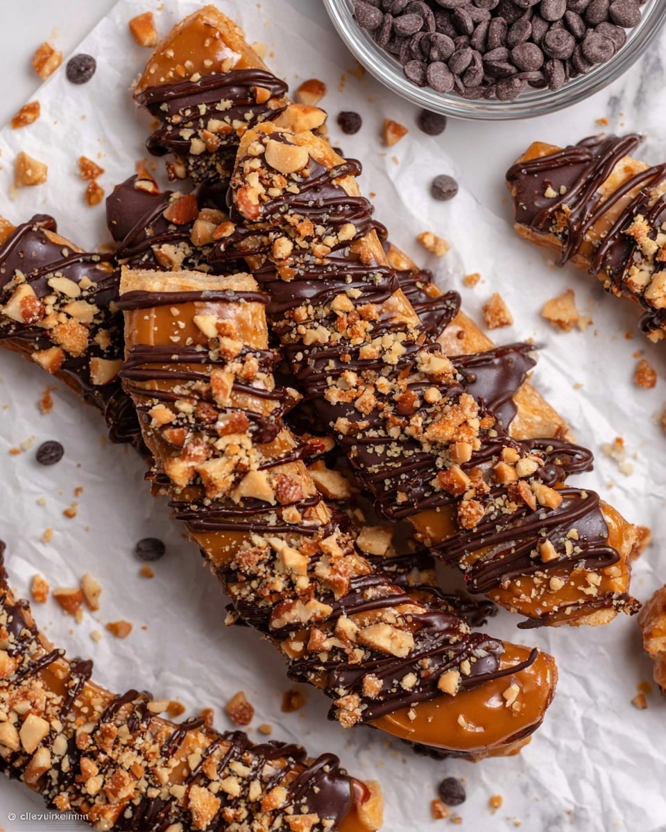 The image shows several long, curved snack pieces, each layered with a shiny, smooth caramel coating on the bottom and drizzled with dark chocolate on top in uneven, wavy lines. Crushed light brown nuts are sprinkled generously across the surface, adding texture to the glossy chocolate and caramel layers. The snacks rest on white parchment paper on a white marbled surface, surrounded by scattered dark chocolate chips and a bowl with more crushed nuts nearby. The overall look is rich, textured, and colorful with deep browns and caramel tones. photo taken with an iphone --ar 4:5 --v 7