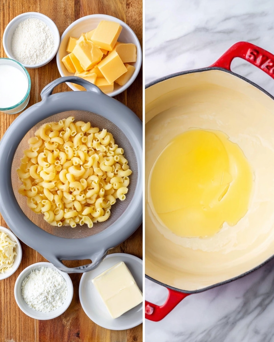 The first part of the image shows yellow cooked macaroni pasta in a grey colander on a wooden surface. Surrounding the colander are small white bowls with various ingredients, including yellow cheese slices, white flour, white milk, a small piece of butter, and white cream cheese. The second part shows a white pot with red handles on a white marbled surface. Inside the pot is melted butter, yellow and shiny, pooling in the center on the light cream-colored bottom of the pot. photo taken with an iphone --ar 4:5 --v 7