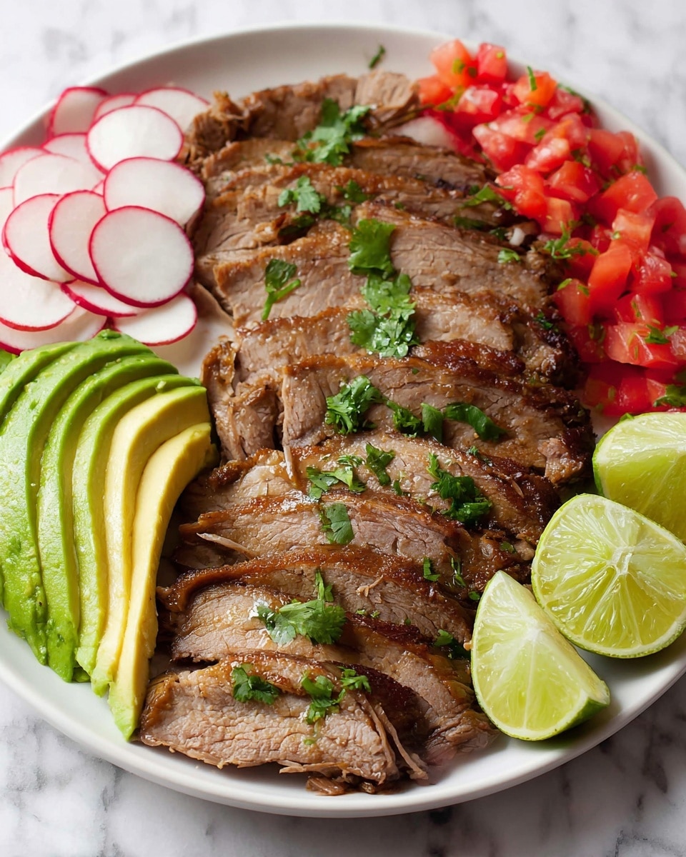 A white plate with sliced grilled steak arranged in the center, topped with chopped green cilantro. To the left of the steak are slices of avocado with a smooth green texture and slices of pink and white radish. On the right side of the steak are small chunks of red tomatoes, and scattered lime wedges complete the dish. In the background is a halved avocado and a white plate with folded yellow tortillas on a white marbled surface. photo taken with an iphone --ar 4:5 --v 7