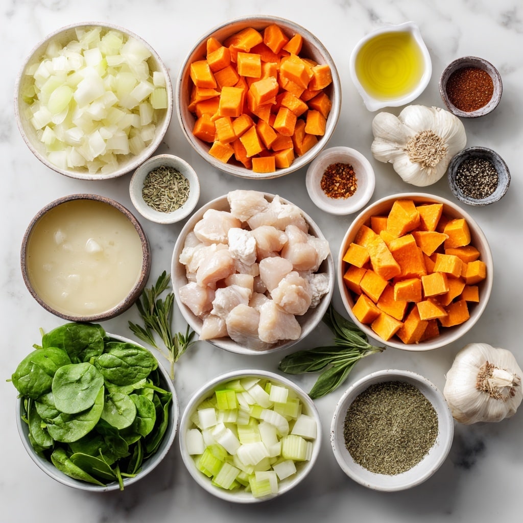 This image shows a creamy soup in a white pot on a white marbled surface. The soup has a thick yellow-orange base with visible chunks of orange vegetables, green leafy pieces, and white shredded elements mixed throughout. The texture looks smooth with small flecks of herbs or spices scattered on the surface. Photo taken with an iphone --ar 4:5 --v 7