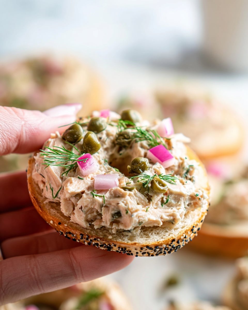 A woman's hand holds a toasted sesame and poppy seed bagel half spread with a creamy beige tuna or salmon salad mixed with herbs. The spread is topped with small dark green capers, bright pink diced pickled onions, and fresh green dill sprigs scattered across the top. The background shows a white marbled surface with blurred bagels, creating a soft focus effect. The lighting is bright and natural, highlighting the texture and colors of the spread and toppings. Photo taken with an iphone --ar 4:5 --v 7