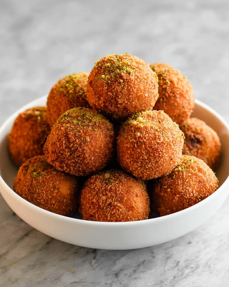 A white bowl is filled with about a dozen fried balls, stacked in layers forming a small mound. Each ball has a rough, crunchy surface with a golden brown color and is lightly sprinkled with small bits of green herbs. The bowl sits on a white marbled surface which adds a clean, bright look to the scene. The photo taken with an iphone --ar 4:5 --v 7