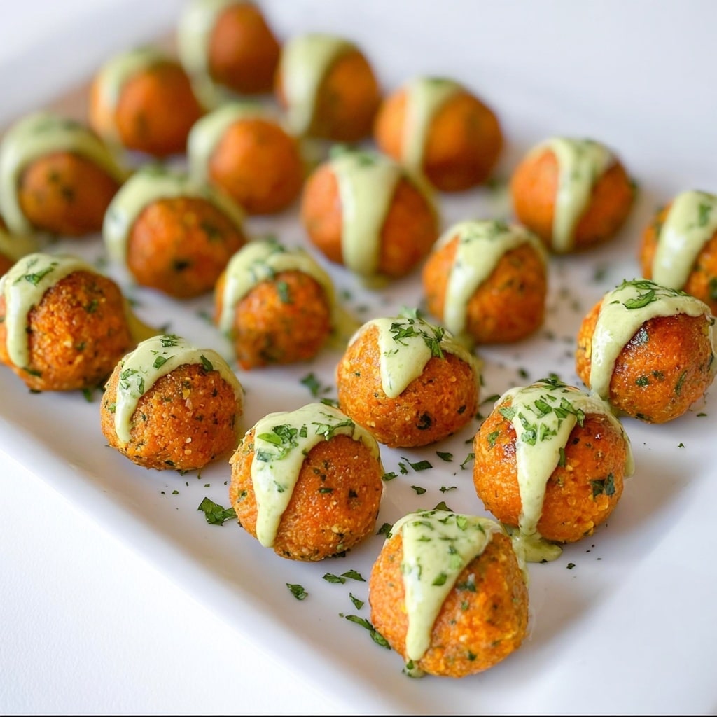 The image shows a white dish with twenty small, round, golden-orange balls arranged neatly in rows. Each ball has a slightly rough texture with some green herbs mixed inside. On top of each ball is a light green sauce drizzled in a stripe across the middle. Small chopped green herbs are scattered over the balls and the white marbled surface underneath the dish. The photo taken with an iphone --ar 4:5 --v 7