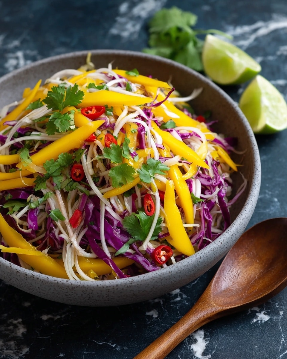 A large gray bowl filled with a colorful fresh salad stands on a dark surface. The salad has several layers: the base is made of thin purple cabbage strands, mixed with thin white strips, above which bright yellow mango slices sit in a loose pile. Scattered throughout the salad are small red chili pieces and fresh green cilantro leaves that add splashes of color and texture. To the side of the bowl, there are two lime wedges partially visible, and a wooden spoon lies on the surface nearby. The background has a white marbled texture. Photo taken with an iphone --ar 4:5 --v 7