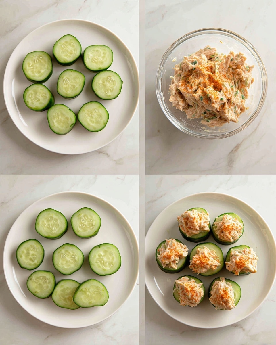 The image shows four steps of making a cucumber and tuna snack. In the first step, there are about thirteen round, green cucumber slices placed neatly in a circle on a white plate on a white marbled surface. The second step shows a clear glass bowl with light brown tuna mixed with mayonnaise, and orange spices on top. The third step shows the tuna and mayonnaise mixture stirred smooth and creamy in the same glass bowl. The fourth step shows the white plate again with the cucumber slices now topped with generous dollops of the tuna mix. The colors are mostly green, light brown, and white, with the orange spices visible in the tuna mix. Photo taken with an iphone --ar 4:5 --v 7