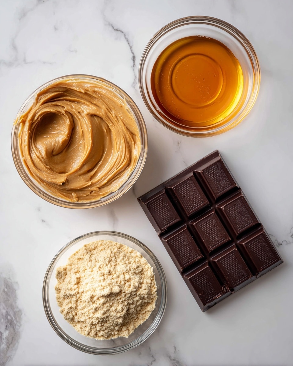 The image shows four ingredients placed on a white marbled surface. In the center is a glass bowl with smooth, creamy peanut butter that has a rich light brown color. To the bottom left of the peanut butter bowl is another glass bowl filled with golden maple syrup, showing a shiny and thick liquid texture. Below and to the right of the peanut butter is a smaller glass bowl containing pale beige protein powder with a dry, crumbly texture. To the right of all the bowls lies a bar of dark chocolate, segmented into small squares and showing a deep, almost black brown color. Each ingredient is clearly separated, giving a neat and organized look. Photo taken with an iphone --ar 4:5 --v 7