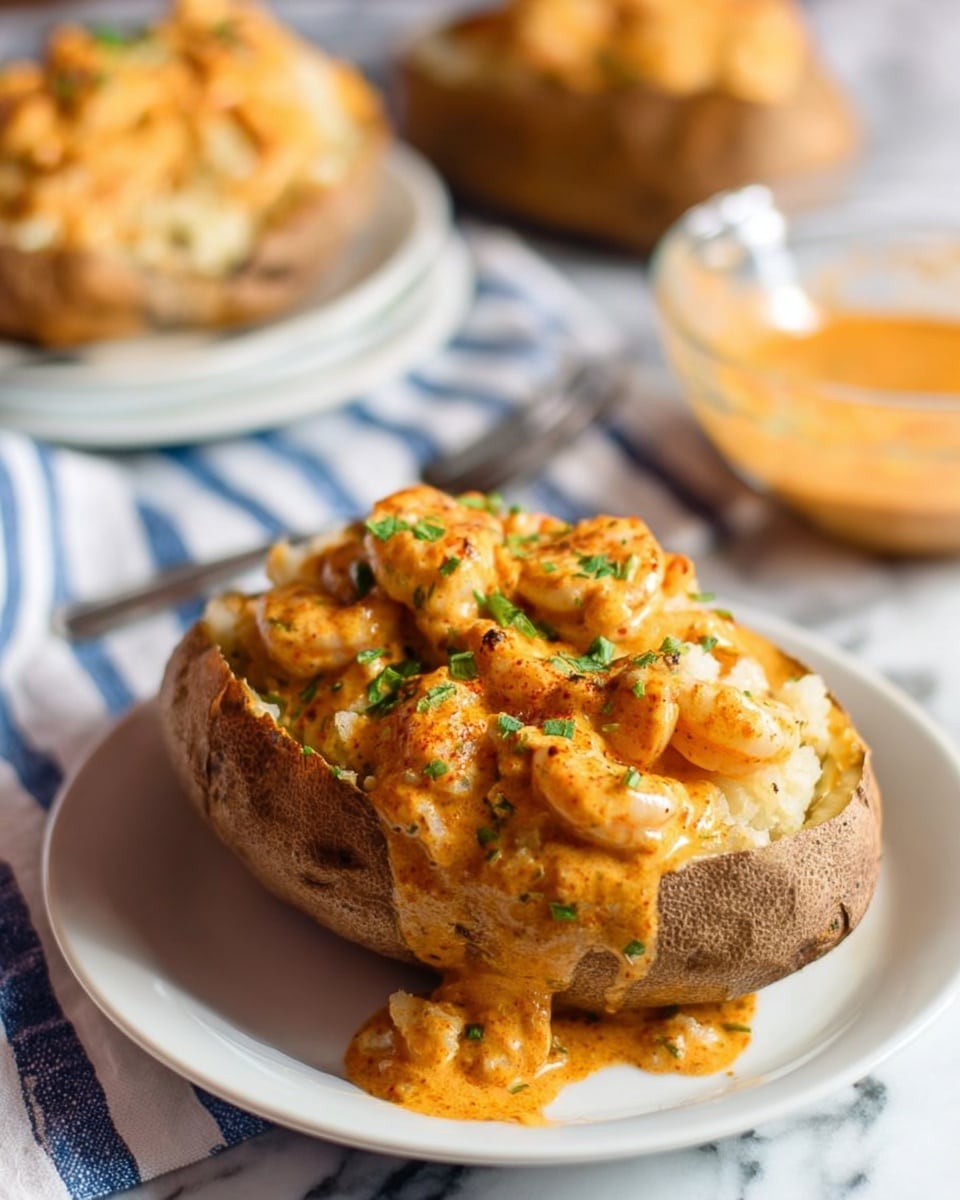 A large baked potato is split open in the center of a white plate, its rough brown skin visible around the edges. Inside, the potato is filled with a creamy orange sauce mixed with small shrimp and bits of green herbs sprinkled on top. The sauce looks thick and covers the shrimp and potato well, spilling slightly over the edge of the potato onto the plate. In the background, there is another white plate holding a similar stuffed baked potato, slightly out of focus, and a clear glass bowl with more of the orange sauce. The scene is set on a white marbled surface with a striped cloth underneath. photo taken with an iphone --ar 4:5 --v 7