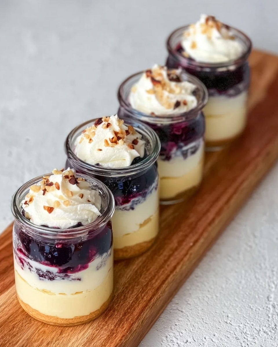 Four small clear glass jars are lined up on a wooden board with a mostly white marbled surface underneath. Each jar has three visible layers: the bottom layer is creamy yellow, the middle layer is dark purple with a glossy texture, and the top layer is white whipped cream with small brown nut pieces sprinkled on it. The jars are close together, showing the smooth and rich texture of the creamy layer, the shiny, thick fruit layer, and the soft whipped cream on top. photo taken with an iphone --ar 4:5 --v 7