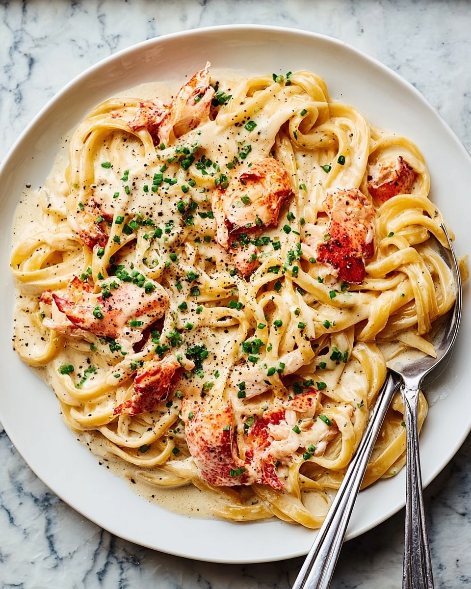A white round plate holds a creamy pasta dish with thick, long noodles twisted into loose circles across the plate. Mixed in are pieces of red and orange lobster claw and meat, coated in light cream sauce. The dish is sprinkled with small green chives and black pepper bits scattered lightly on top. The sauce looks smooth and rich, blanketing the pasta and lobster evenly. Two silver spoons rest on the right side of the plate, with some pasta twirled around the spoon closest to the bottom. The plate sits on a white marbled surface with the texture showing faint grey veins. Photo taken with an iphone --ar 4:5 --v 7