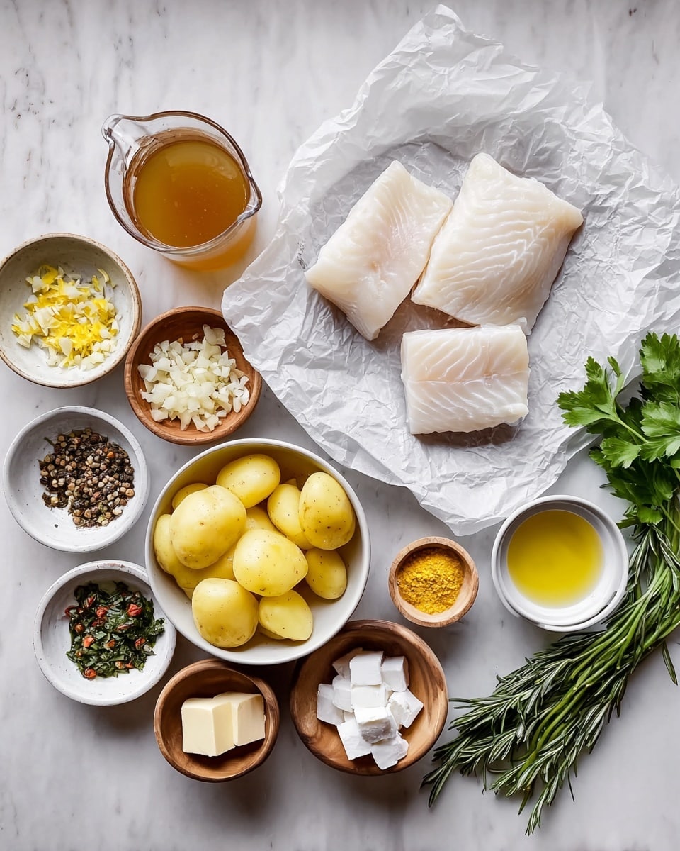 The image shows an overhead view of cooking ingredients arranged neatly on a white marbled surface. In the middle right, there are three pieces of white fish on crumpled white parchment paper, slightly shiny and fresh looking. Below them, a white bowl holds peeled and chopped yellow potatoes with a rough texture. Surrounding these are several small white and wooden bowls, each filled with different items: one has minced garlic, another chopped shallots, a small one with lemon zest, one contains capers, and another has mustard sauce. There’s a small glass pitcher with light brown broth, a wooden bowl with black pepper, a white bowl with white granulated salt, and a couple of white small bowls with butter cubes and a golden liquid, probably oil. Fresh green herbs like parsley and rosemary lay to the far right, adding a touch of color. Photo taken with an iphone --ar 4:5 --v 7