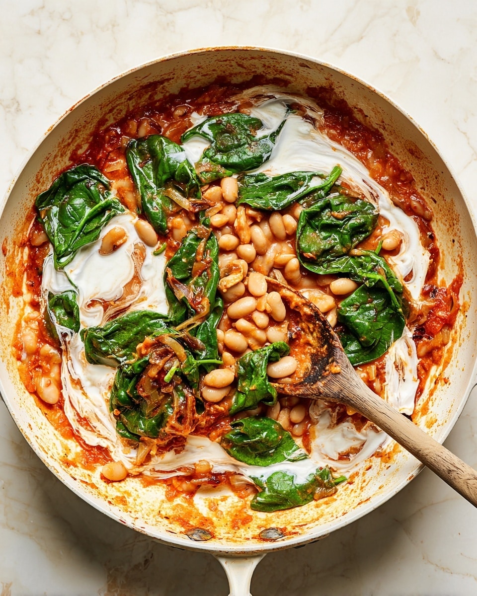 A white pan filled with three main layers: a bottom layer of thick orange-red tomato sauce with bits of cooked onion and garlic, a middle layer of white beans scattered evenly, and a top layer of fresh, bright green spinach leaves slightly wilted and mixed throughout. Swirls of creamy white sauce sit atop the beans and spinach, adding contrast to the dish. On the right of the pan, a wooden spoon partly covered in sauce rests inside. The pan is set on a white marbled surface. photo taken with an iphone --ar 4:5 --v 7