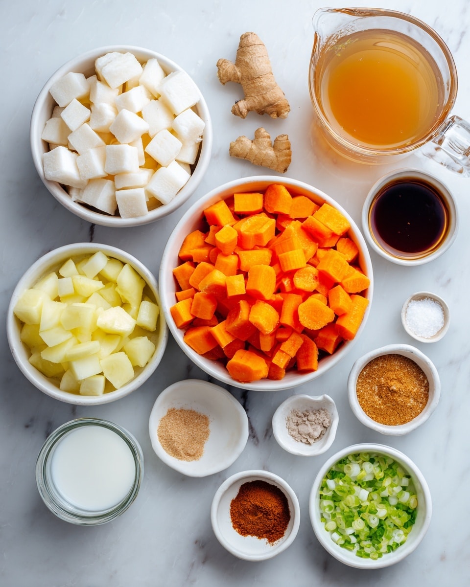 The image shows several small white bowls and clear glass containers arranged on a white marbled surface. In the center, there is a large white bowl filled with bright orange chopped carrots. Above it to the left is a medium white bowl with small white cubes of turnip. Below the carrots, another medium white bowl holds light yellow chopped apple pieces. To the upper right side, a clear glass measuring cup contains light brown broth, and below it a small white bowl with salt. On the bottom left, a clear glass cup holds white coconut milk. Around the main bowls, there are smaller white dishes with cinnamon powder (light brown), coconut oil (white solid), vanilla extract (dark brown liquid), ground ginger (light beige powder), and chopped green onion (bright green). The scene is neatly arranged and well-lit, showing the vibrant colors and textures clearly. Photo taken with an iphone --ar 4:5 --v 7