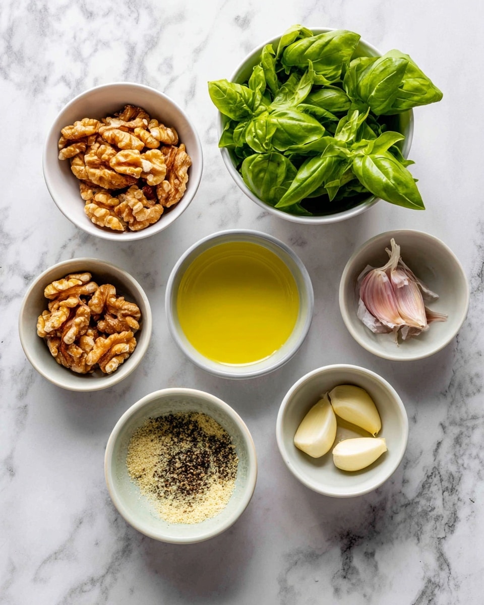 The image shows six white bowls placed on a white marbled surface, each filled with different ingredients. There is a bowl filled with bright green fresh basil leaves, a bowl with light brown walnuts, a bowl of golden yellow avocado oil, a bowl with pale beige nutritional yeast mixed with black pepper and pink salt, and finally, a bowl holding three white garlic cloves in a small amount of lemon juice. The ingredients are arranged neatly and clearly labeled with black text on white background. photo taken with an iphone --ar 4:5 --v 7
