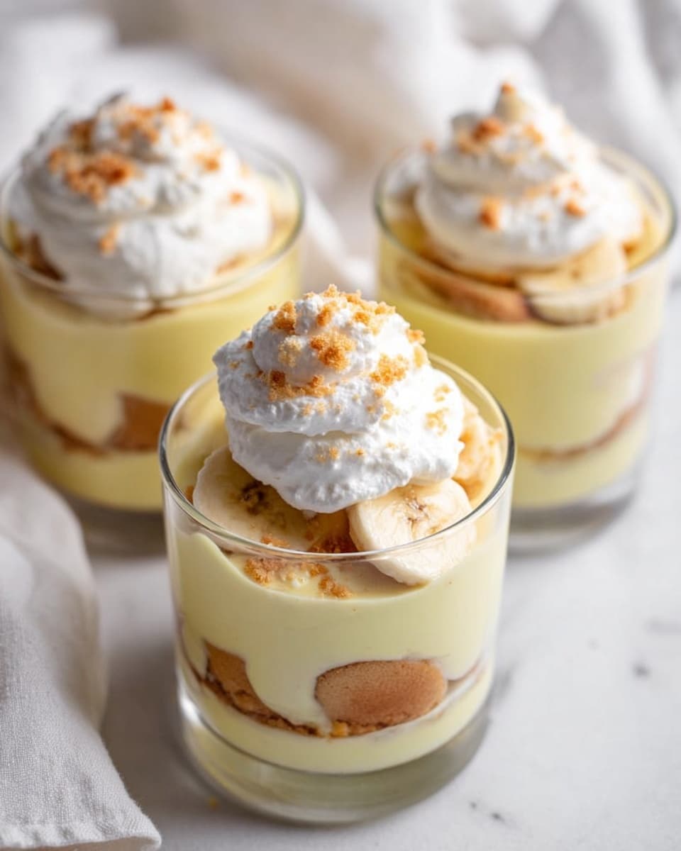 The image shows three clear glass cups filled with a dessert made of several layers. The bottom layer is light brown cookie pieces, followed by a thick creamy yellow custard layer. On top of the custard, there are slices of banana, adding a soft, pale yellow color. Above the bananas, there is another layer of custard, which looks smooth and rich. Each cup is topped with a large dollop of white whipped cream, sprinkled with small light brown crumbs for texture. The cups sit on a white marbled surface, and a white cloth is softly draped in the background, adding a fresh and clean look. photo taken with an iphone --ar 4:5 --v 7