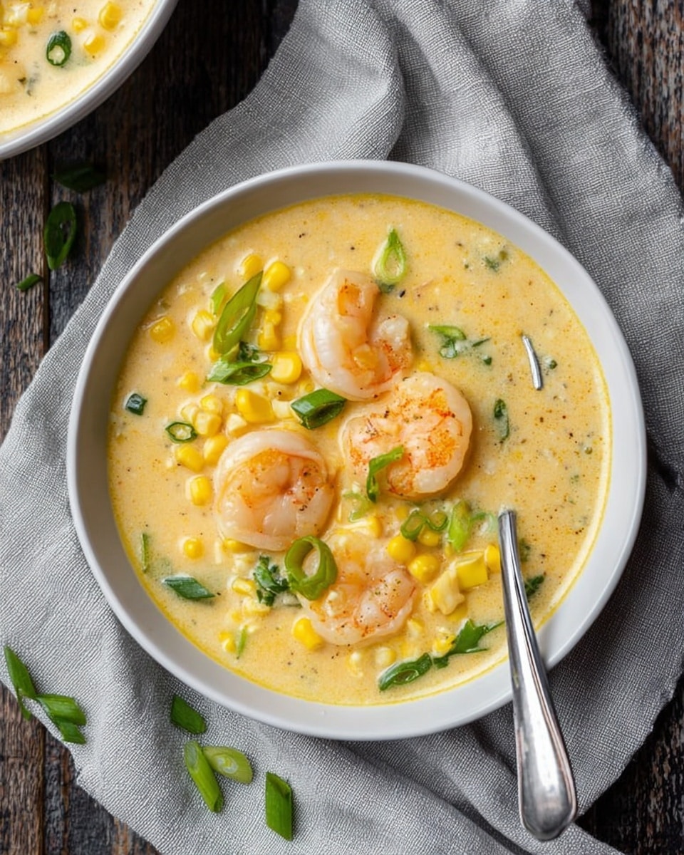 A white bowl filled with thick creamy soup showing visible orange shrimp pieces, bright yellow corn chunks, and scattered green spring onion slices on top. The creamy base of the soup is light beige with a smooth texture mixed evenly with bits of corn and green herbs. The bowl is placed on a soft gray cloth resting on a white marbled surface, with a silver spoon inside the bowl ready for eating. A glass of water is partially visible in the background. photo taken with an iphone --ar 4:5 --v 7