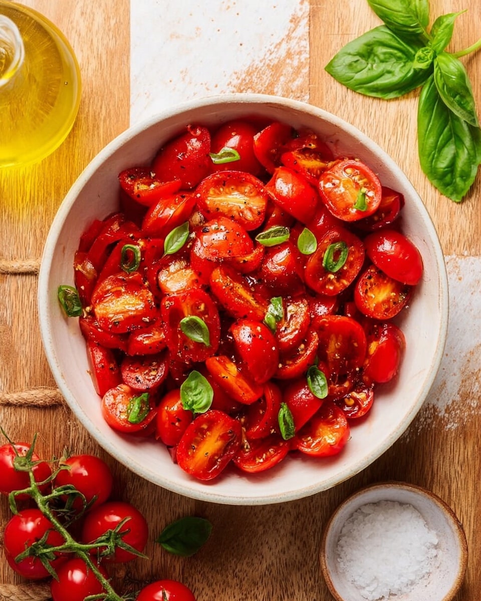 A white bowl filled with bright red cherry tomatoes cut in half, mixed with small slices of fresh green basil leaves scattered evenly on top; the tomatoes have a shiny, juicy texture with some black pepper seasoning visible. The bowl sits on a wooden surface with a small bottle of yellow olive oil at the bottom left and a vine of whole red cherry tomatoes placed at the bottom right. A few basil leaves and a small white dish of salt are also on the wooden surface around the bowl, all placed on a white marbled texture. Photo taken with an iphone --ar 4:5 --v 7