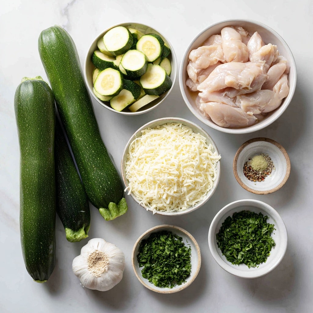 A white bowl holds two main layers: the bottom is a bed of spiral-shaped zucchini noodles in light green and dark green colors, covered partially in a creamy white sauce with small green herb pieces and red chili flakes. On top, there are thick slices of grilled chicken with a golden brown and slightly charred surface. A silver fork lifts some zucchini noodles coated in the creamy sauce from the bowl. The background shows a white marbled texture with a blurry second white bowl in the upper right corner. Photo taken with an iphone --ar 4:5 --v 7
