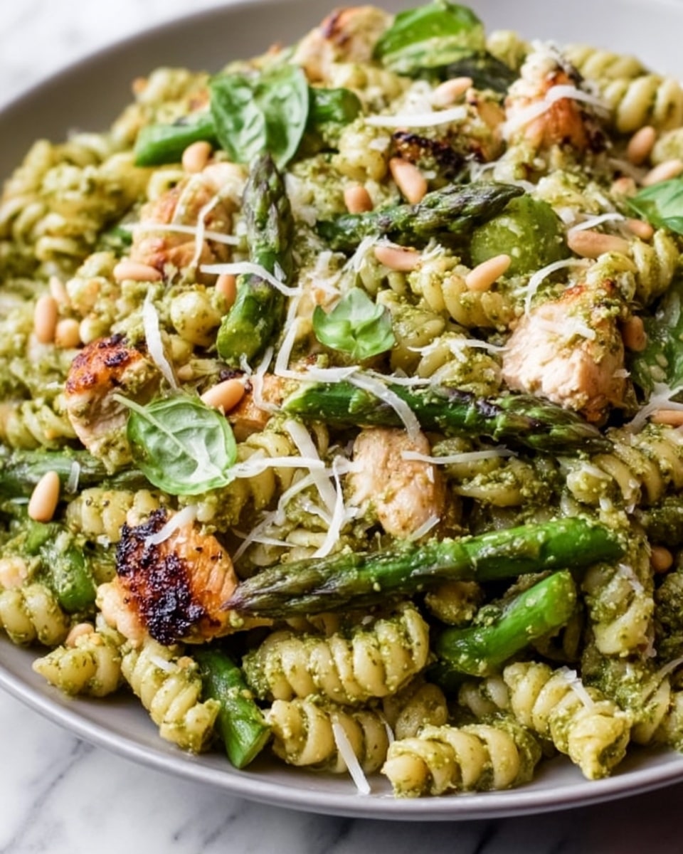 The dish is a close-up view of rotini pasta coated in a green pesto sauce, spread evenly across the plate. Mixed in are bright green asparagus pieces, both spears and smaller segments, adding a fresh, slightly textured layer. Scattered throughout are chunks of grilled chicken with browned edges, showing slight char marks and a juicy texture. The dish is topped with a sprinkling of light golden pine nuts and white shredded cheese, adding a fine, crumbly texture on top. Thin strips of fresh green basil leaves are interspersed, adding more color and a fresh look. The food is served on a white plate set on a white marbled textured surface. Photo taken with an iphone --ar 4:5 --v 7