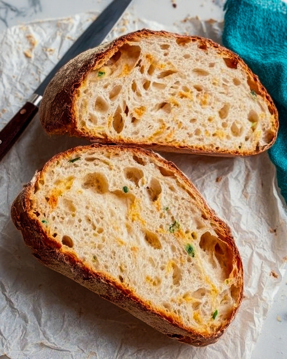 Two slices of rustic bread with a golden-brown crust and a soft, airy interior full of small holes rest on crinkled white parchment paper. The top slice is slightly overlapping the bottom one, showing the bread's light beige color with hints of toasted edges and a few green herbs inside the crumb. A shiny knife with a dark handle is placed diagonally above the bread. A folded turquoise cloth is visible on the right side, all set on a white marbled surface. photo taken with an iphone --ar 4:5 --v 7