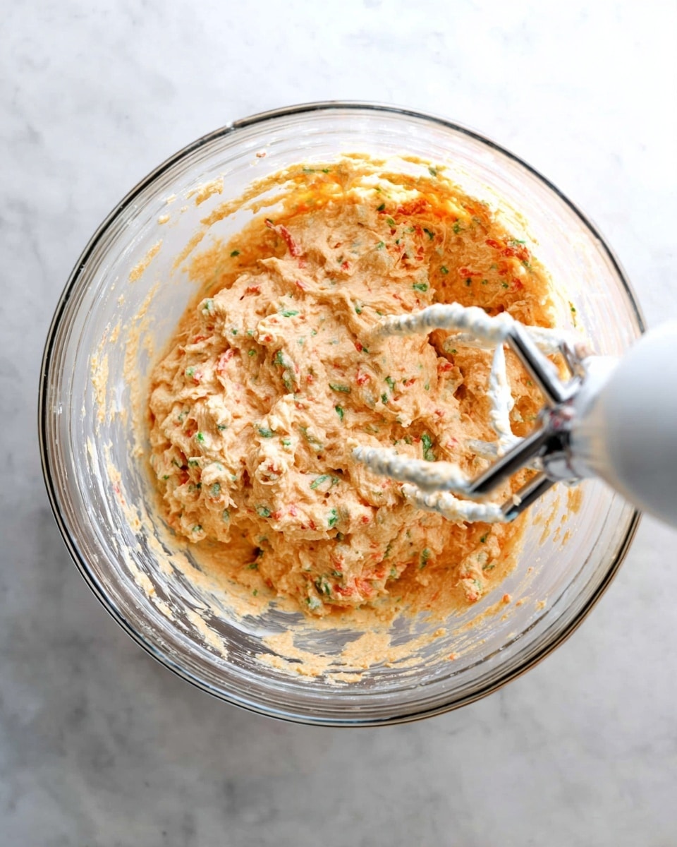 A clear glass mixing bowl holds a creamy, light orange mixture with visible green and red flecks evenly spread throughout. The batter has a thick, textured consistency with small chunks. Two silver beaters from a white electric mixer are partially submerged in the mixture, and the bowl is sitting on a white marbled surface. The scene is brightly lit, showing the mixture's rough texture and colors clearly. Photo taken with an iphone --ar 4:5 --v 7