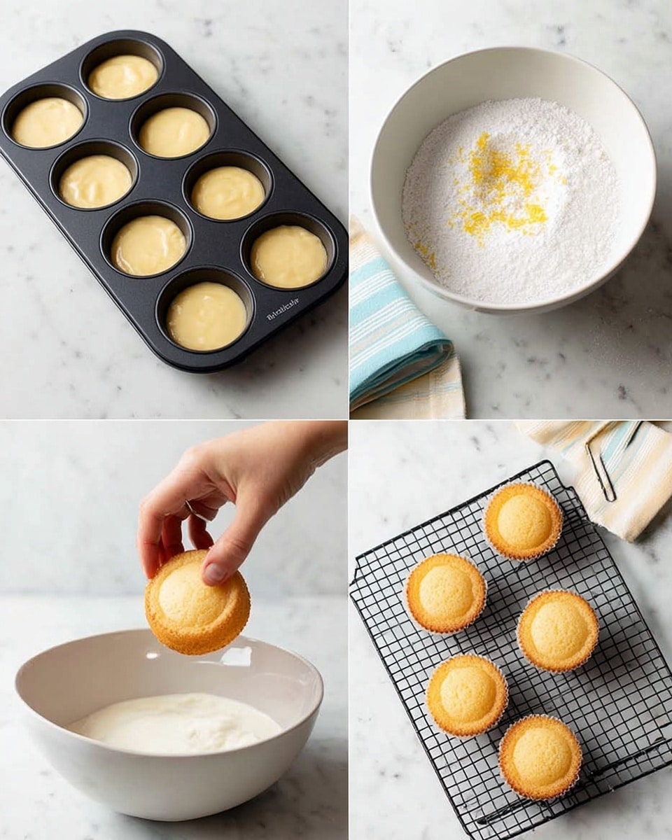 The image shows four smaller photos arranged in a grid, each depicting steps of making small round cakes with icing. The top-left photo shows a black muffin tray with batter filled inside the cups, smooth and light yellow in color, resting on a white marbled surface. The top-right photo has a white bowl on the white marbled surface, filled with white powdered sugar, some yellow zest, and a little liquid for making icing. In the bottom-left photo, a woman's hand is dipping one small round golden-brown cake into the white icing inside a white bowl, with more small cakes cooling on a black wire rack beside it on the white marbled surface. The bottom-right photo shows three small cakes upside down on the black wire rack, covered with a shiny layer of icing, with a white bowl and a folded napkin in soft colors in the background, all on the white marbled surface photo taken with an iphone --ar 4:5 --v 7