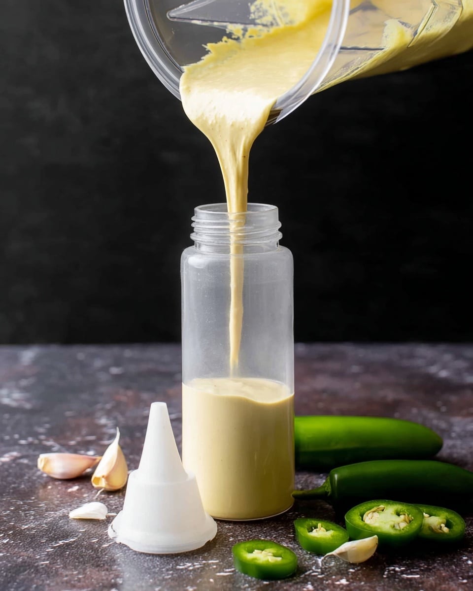 A creamy pale yellow sauce with a smooth, thick texture is being poured from a clear blender container into a tall, clear plastic squeeze bottle. The sauce fills the bottom part of the bottle as the liquid flows in a steady stream. The bottle’s white pointed cap lies on the dark textured surface nearby, along with fresh green jalapeño peppers and a few garlic cloves scattered around. The background has a dark tone, while the surface is a subtle white marbled texture. photo taken with an iphone --ar 4:5 --v 7