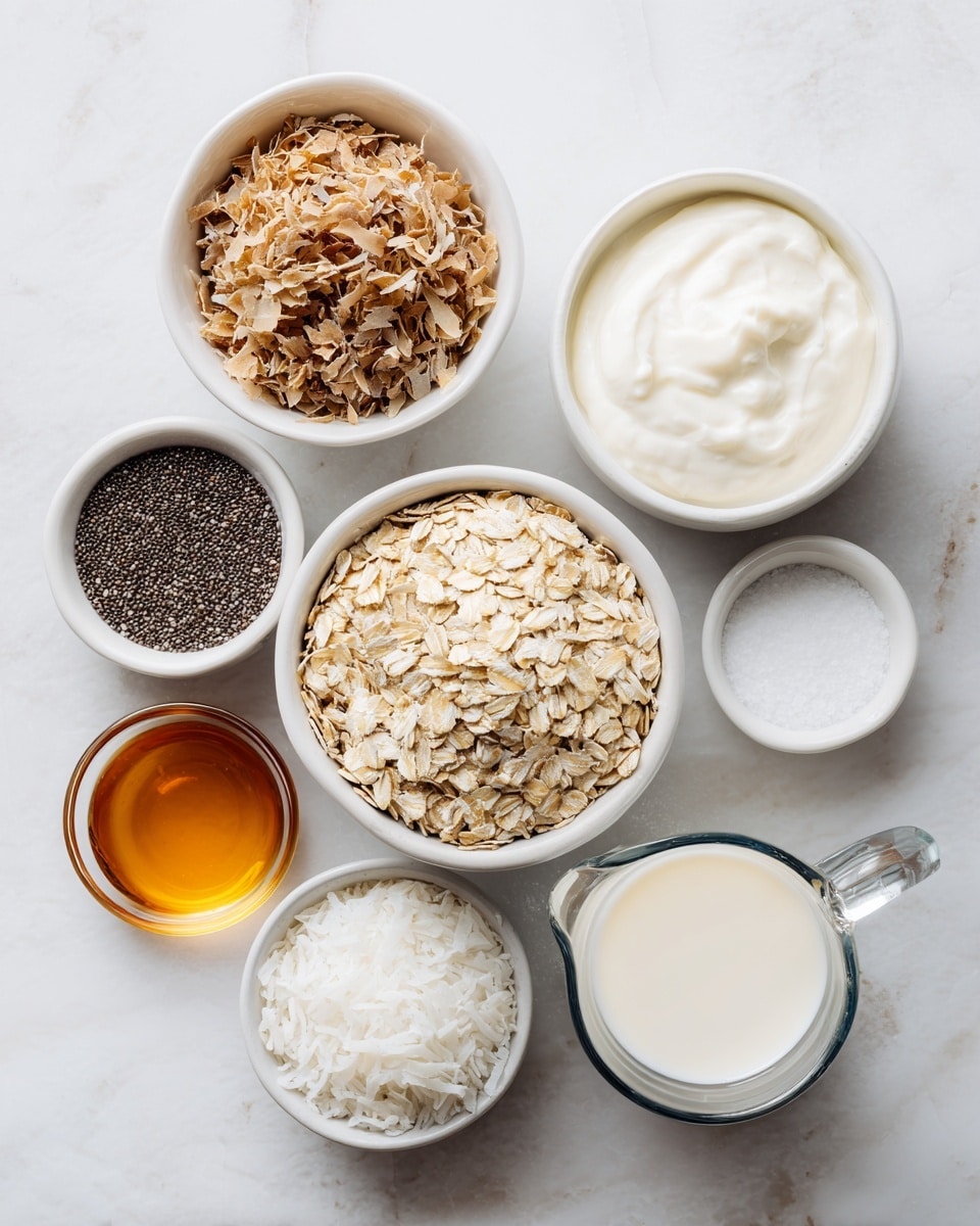A small clear glass jar filled with creamy white chia pudding mixed with small dark chia seeds, topped with a layer of light toasted coconut flakes in shades of white and light brown. The jar sits on a piece of rough, brown burlap fabric placed on a white plate with green decorative trim. Next to the jar, there is a shiny silver spoon with an ornate handle. In the blurred background, another similar jar is visible on a white marbled surface. photo taken with an iphone --ar 4:5 --v 7