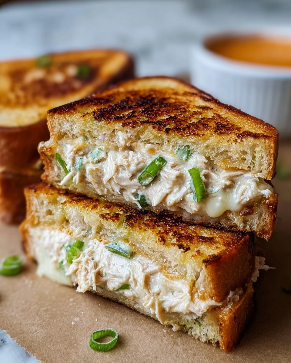 Two halves of a toasted sandwich are stacked on a wooden board with a white marbled background. Each half shows two thick, golden brown toasted bread slices with a crispy texture. Inside, the sandwich is filled with creamy, light beige shredded chicken mixed with finely chopped green onions, some of which are also sprinkled on top of the sandwich, adding a pop of bright green color. The inside filling looks soft and moist, creating a nice contrast with the crunchy outside. The photo taken with an iphone --ar 4:5 --v 7