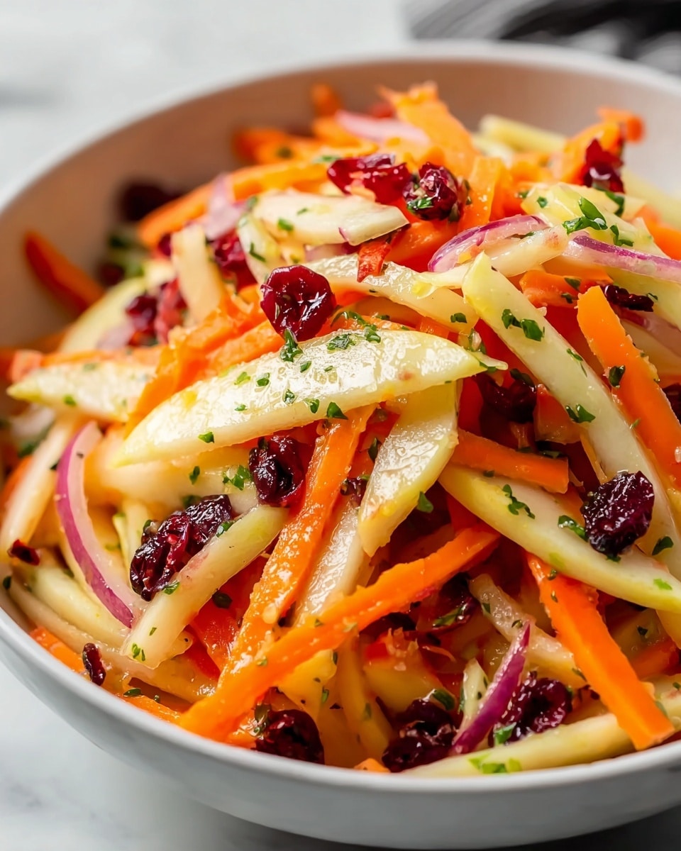 A close-up of a white bowl filled with a colorful salad showing three main visible layers: long thin strips of orange carrots, pale yellow apple slices with red edges, and thin red onion slices; the salad is topped with small dark red dried cranberries and scattered bits of green herbs, all tossed together with a light shiny dressing. The bowl sits on a white marbled surface in soft natural light. Photo taken with an iphone --ar 4:5 --v 7