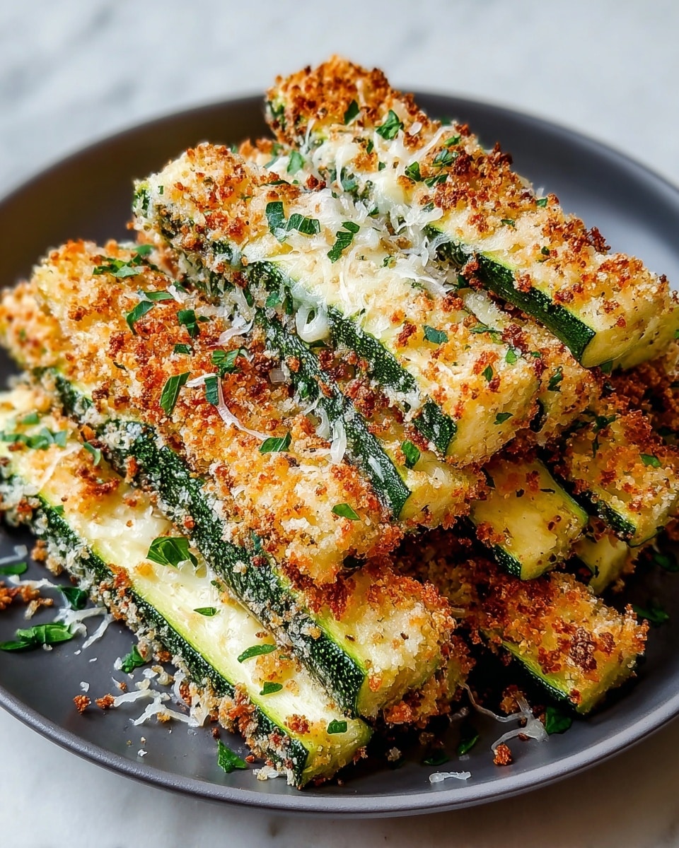 The image shows a white plate filled with about two layers of zucchini sticks stacked in a criss-cross pattern. Each zucchini stick has a green base with a thick golden-brown breadcrumb and cheese topping that looks crispy and slightly browned. Some melted cheese strands are visible between the zucchini sticks. Small green herb pieces are sprinkled over the top, adding a fresh touch. The plate sits on a white marbled surface. photo taken with an iphone --ar 4:5 --v 7