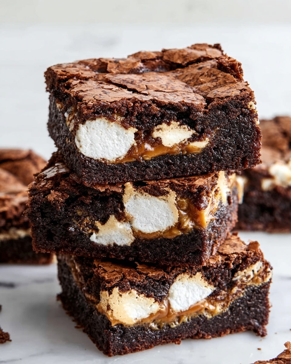 The image shows a stack of three brownies on a white marbled surface. Each brownie has three visible layers: a dark brown cracked top layer with a rough, cracked texture; a middle layer with white, fluffy marshmallow patches unevenly spread; and a bottom layer that shows a caramel-colored filling resting on a dense, dark brown base. The brownies are square-shaped with slightly uneven edges. Photo taken with an iphone --ar 4:5 --v 7