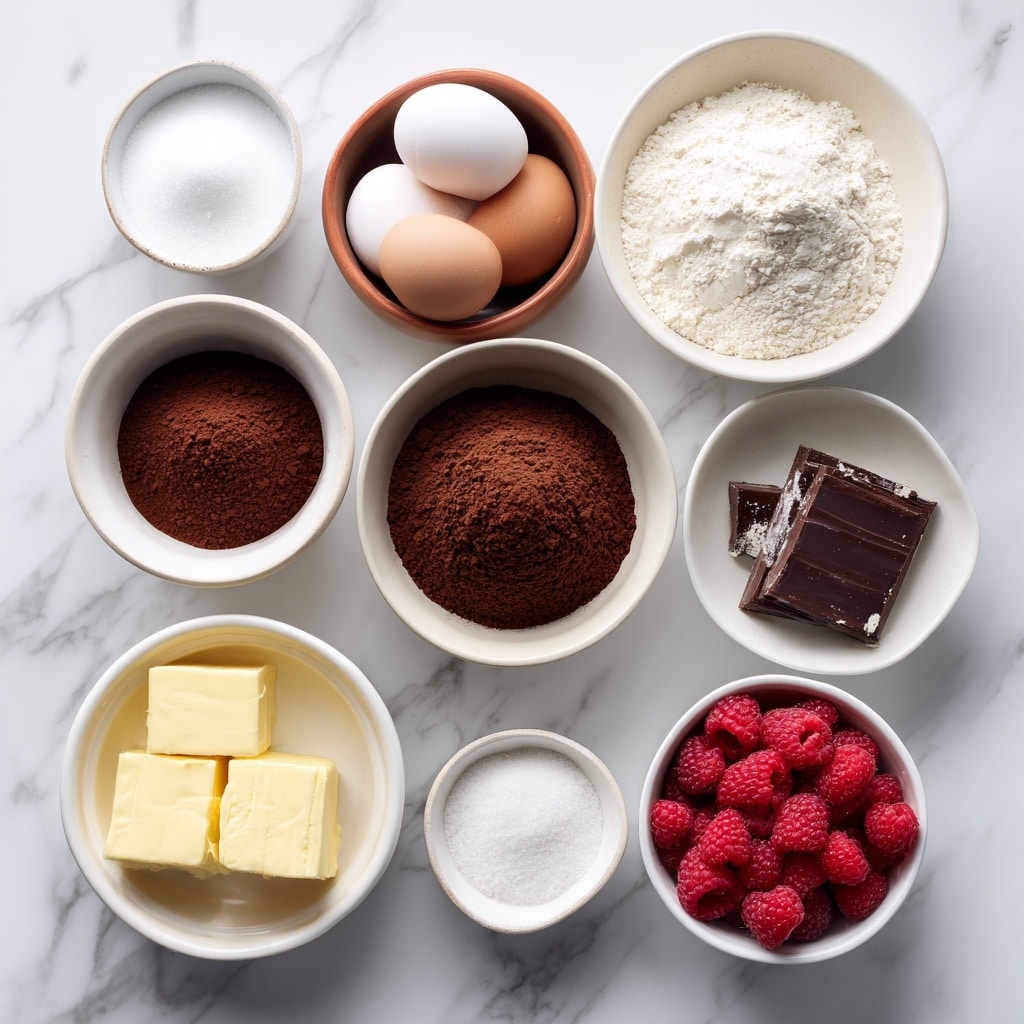 This image shows several square pieces of dessert on a white marbled surface. Each piece has two visible layers: the bottom layer is thick, dark brown, and looks dense like chocolate, while the top layer is creamy white with swirls and chunks of bright red raspberries mixed in. The texture of the top layer appears smooth with bits of raspberry creating a bumpy pattern. There are also a few loose fresh raspberries scattered around the desserts. The overall look is clean and fresh. photo taken with an iphone --ar 4:5 --v 7