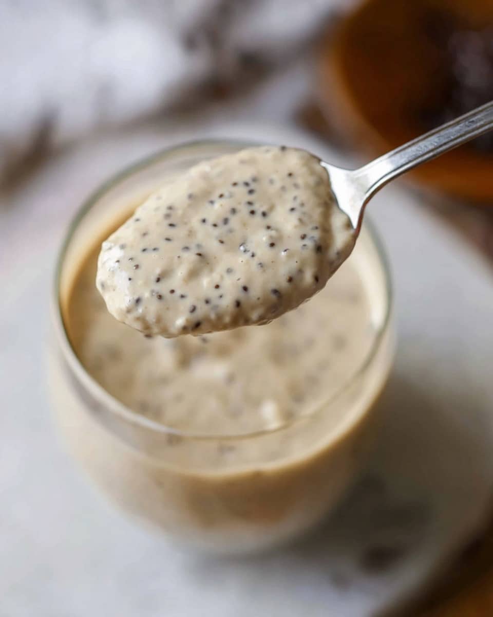A clear glass filled with a creamy, light brown mixture containing small dark seeds spread evenly throughout forms the main layer. On top sits a dollop of smooth white cream, sprinkled with small dark brown flakes and three whole dark brown coffee beans. A metallic spoon leans inside the glass, resting against the side. The glass is placed on a white marbled surface with a few scattered whole coffee beans nearby. Photo taken with an iphone --ar 4:5 --v 7