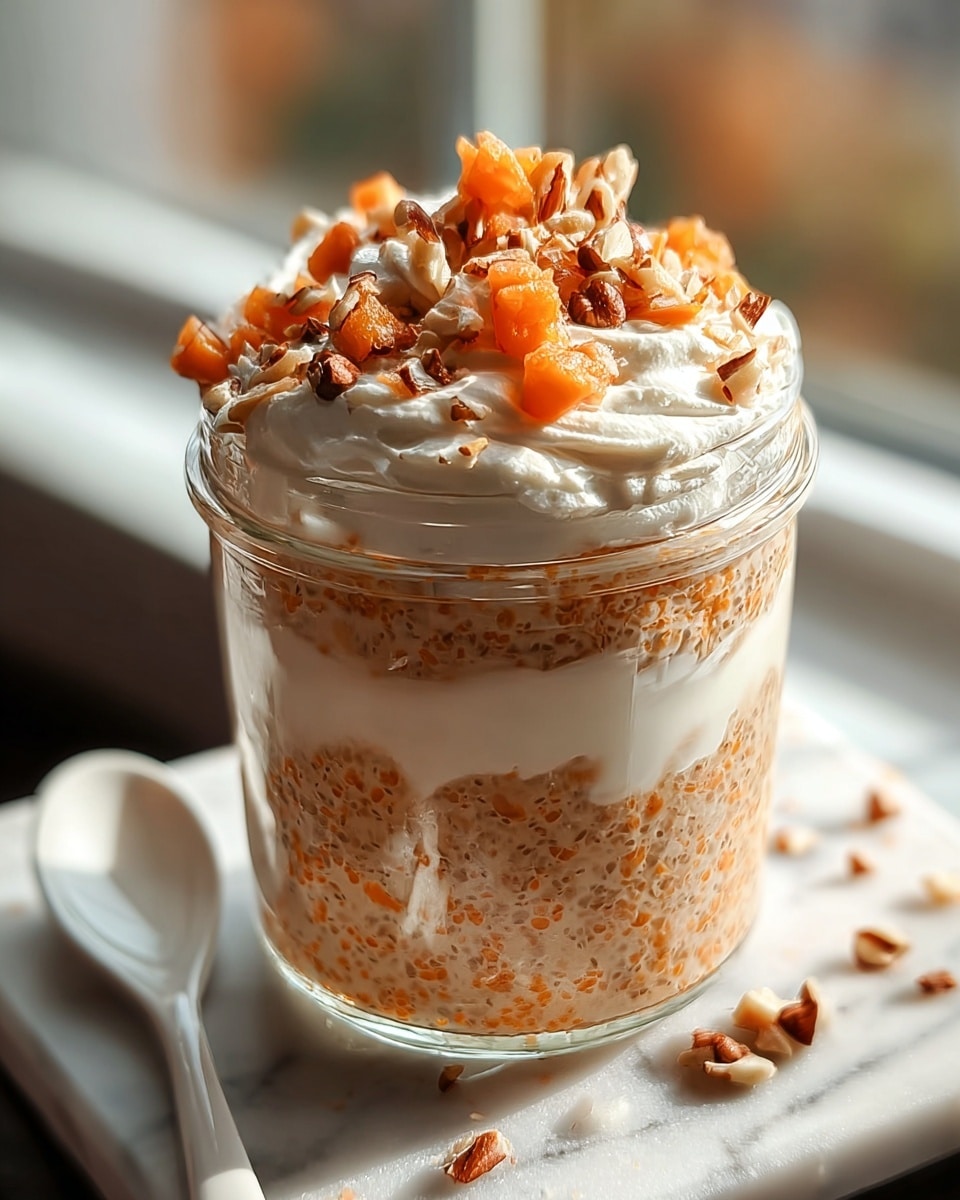A clear glass jar filled with a three-layer dessert placed on a white marbled surface; the bottom layer is light brown with orange specks and a grainy texture, the middle layer is a thinner white creamy layer, and the top layer consists of thick white cream topped with small orange chunks and sprinkled with chopped brown nuts; the background is softly blurred with warm natural light coming from a window, and a white spoon is positioned next to the jar. Photo taken with an iphone --ar 4:5 --v 7